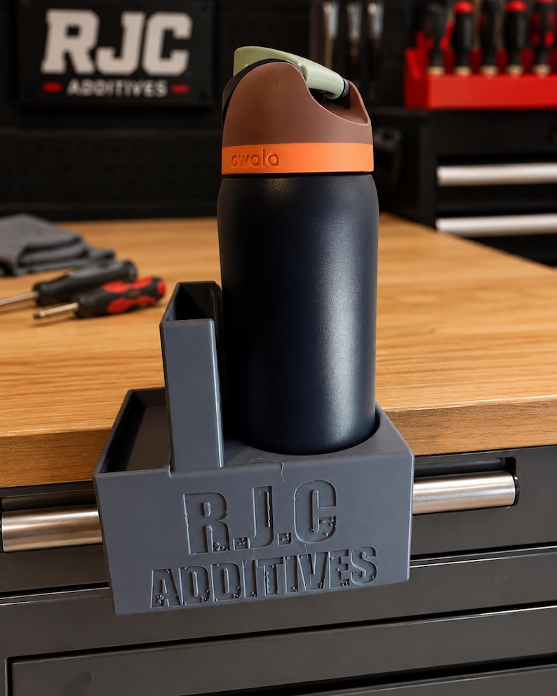 Magnetic toolbox cup holder with phone holder and parts tray